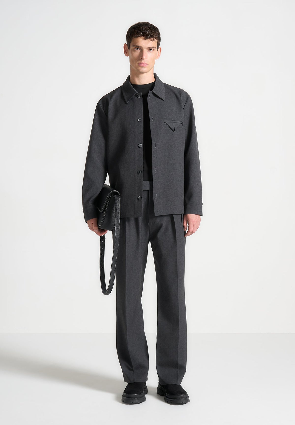 Pierre - Relaxed Fit Hatched Pleated Tailored Pants - Dark Grey