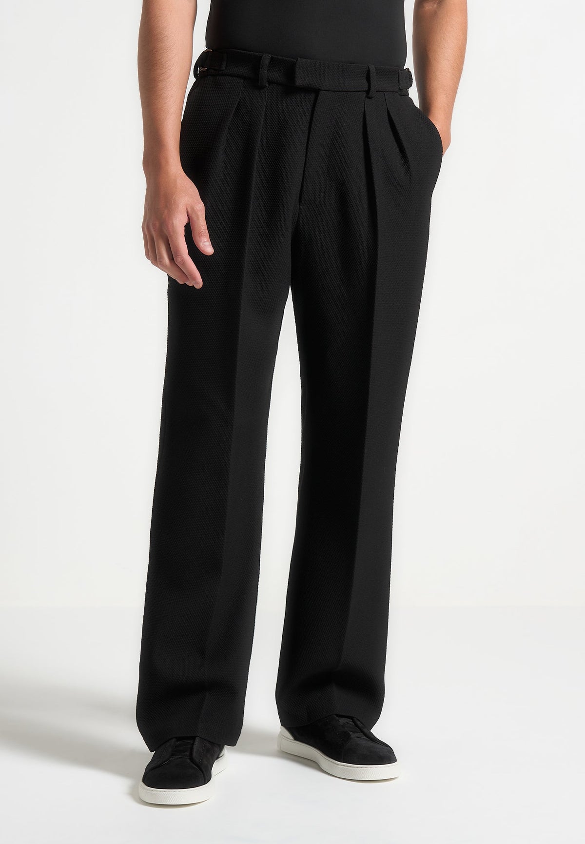 Relaxed Fit Textured Twin Pleat Tailored Pants - Black