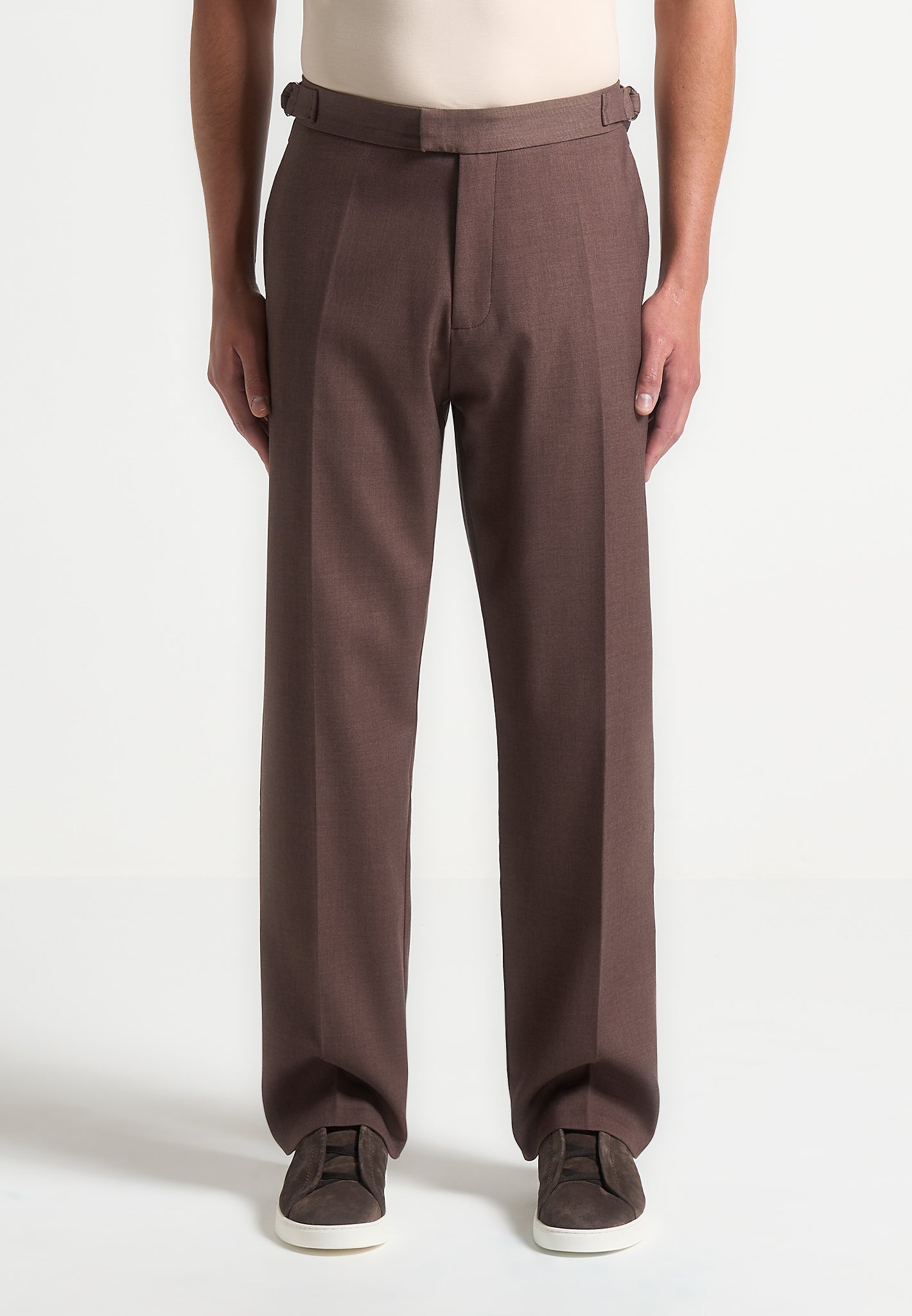 Regular Fit Twill Pleated Tailored Trousers - Brown