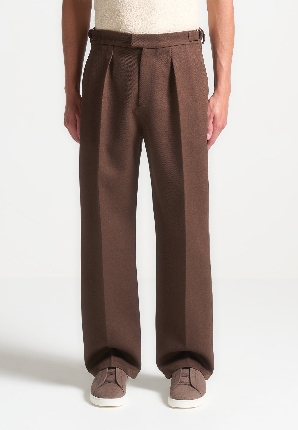 Dorian - Relaxed Fit Twill Pleated Tailored Pants - Brown