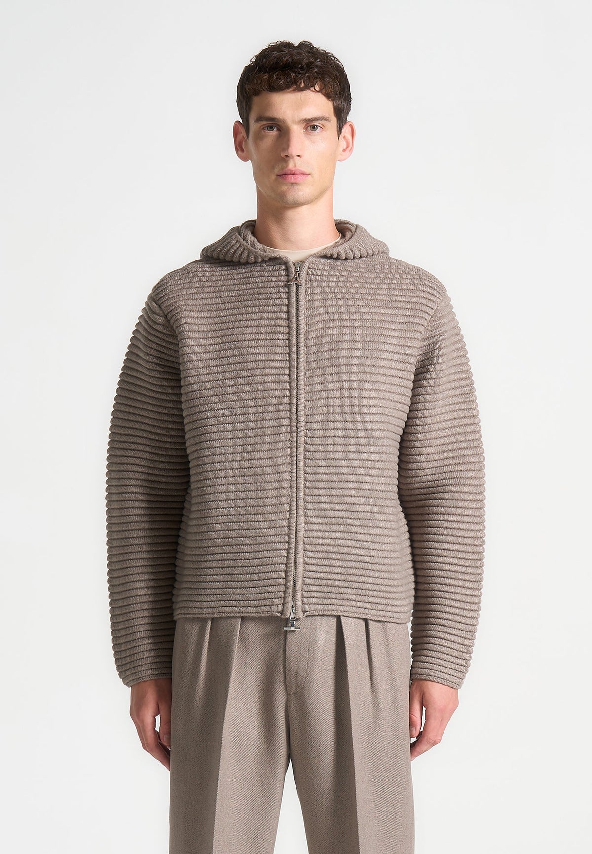 Eden - Unisex Ribbed Knit Zip Up Hoodie - Taupe