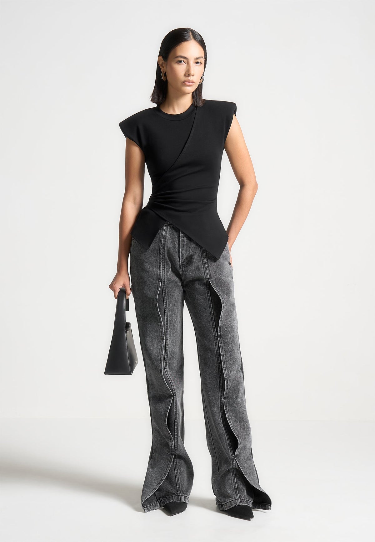 Paige - Wide Shoulder Ruched Waist Top - Black