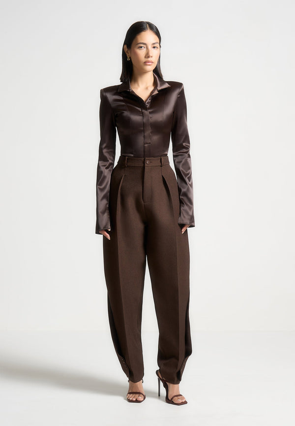 Louise - Wide Shoulder Satin Shirt Bodysuit - Brown