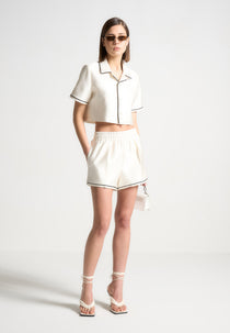 Satin Shorts with Piping - Cream