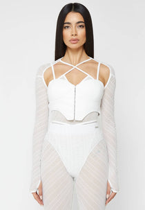 Sheer Bodysuit with Leather Corset - White