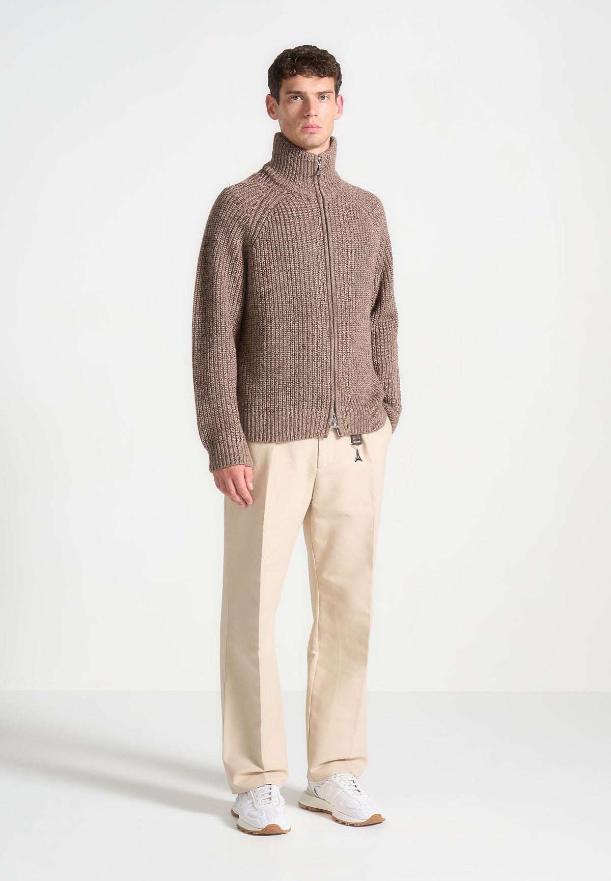 Valere - Speckled Wool Zip Up Cardigan - Taupe