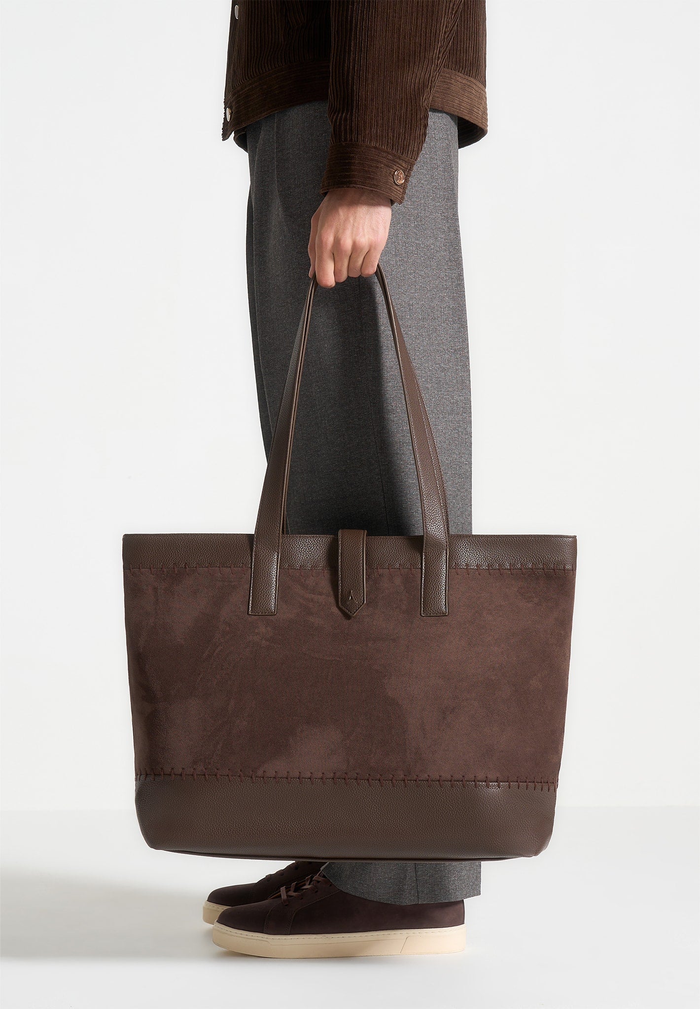 Nicolas - Suede & Pebbled Leather Whipstitch Tote Bag - Brown