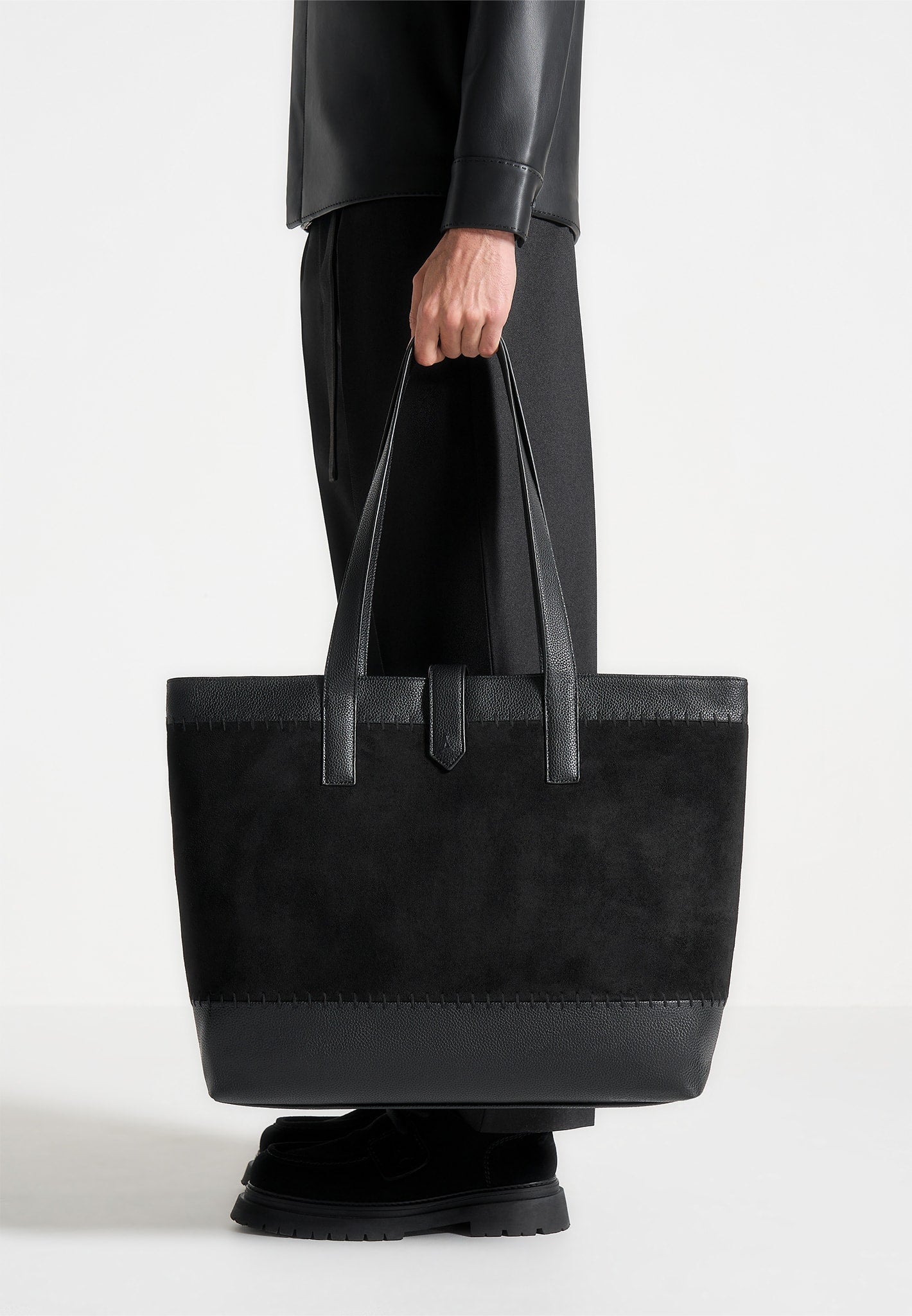 Nicolas - Suede & Pebbled Leather Whipstitch Tote Bag - Black