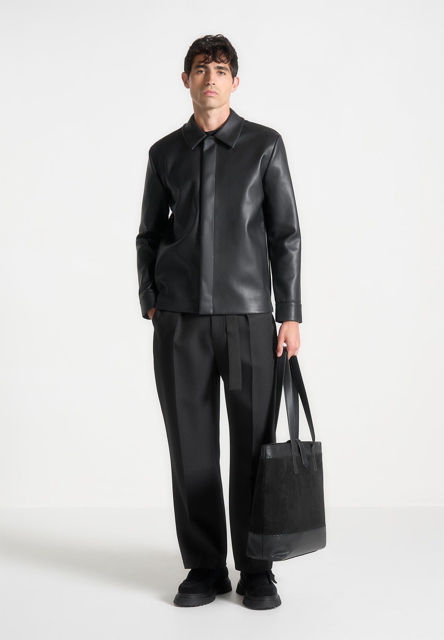Nicolas - Suede & Pebbled Leather Whipstitch Tote Bag - Black
