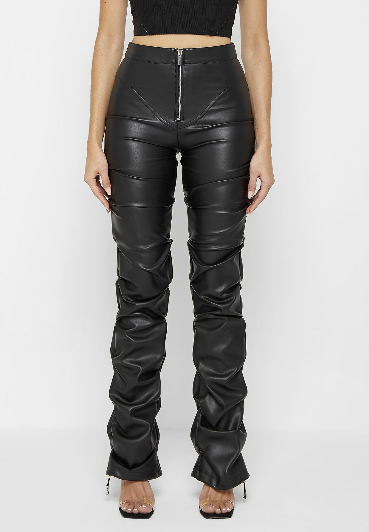 Tacked Leather Flared Pants - Black