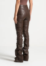 tacked-vegan-leather-flared-trousers-brown