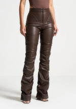 tacked-vegan-leather-flared-trousers-brown