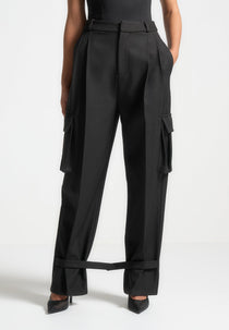 Tailored Pleated Cargo Pants - Black