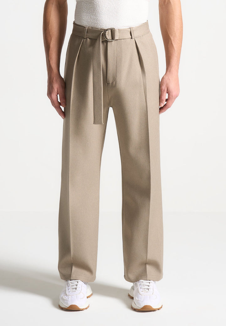 Textured Belted Tailored Trousers - Beige