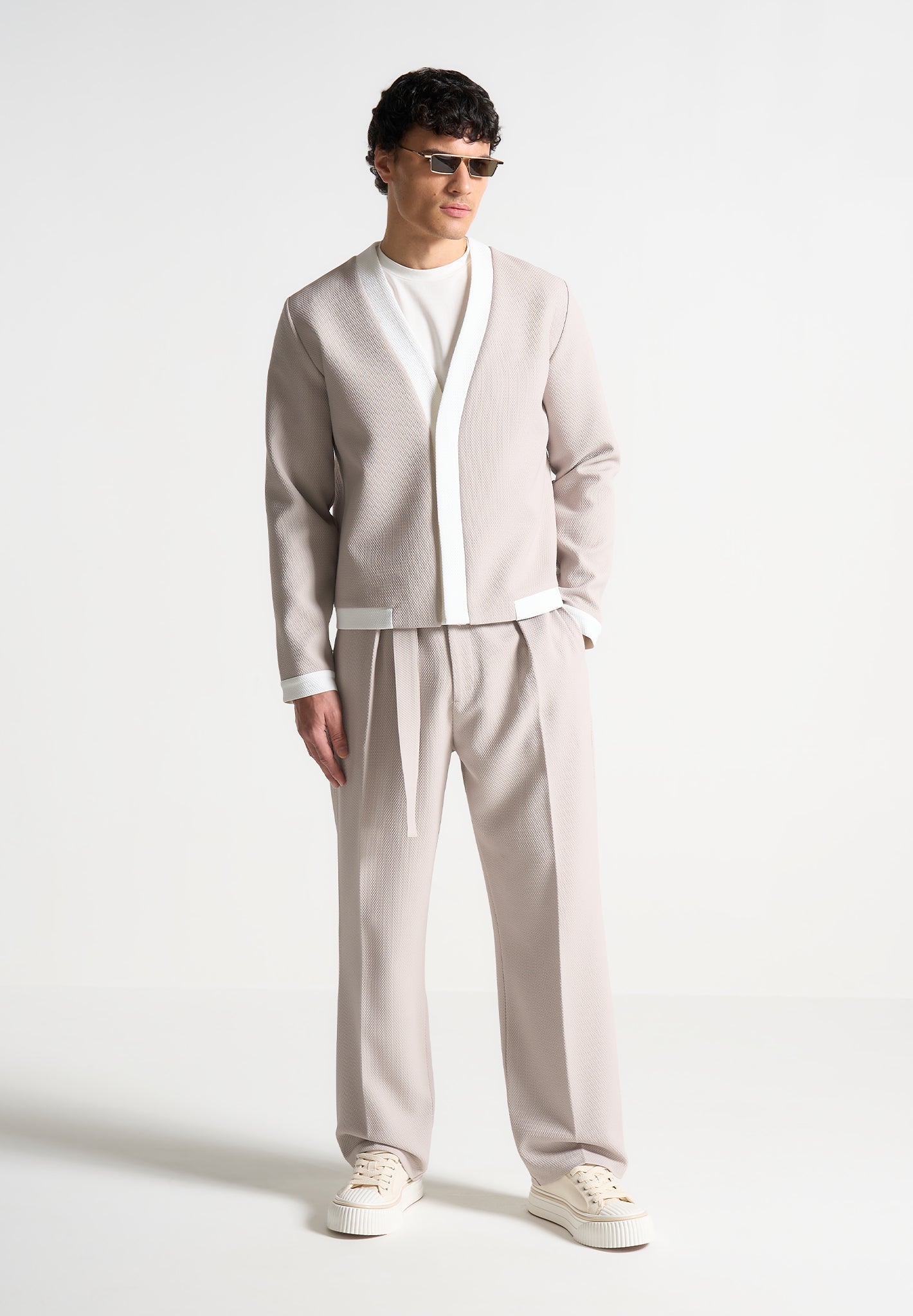 Textured Belted Tailored Trousers - Beige