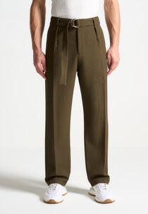Louis - Relaxed Fit Textured Belted Tailored Pants - Khaki