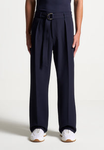 Louis - Relaxed Fit Textured Belted Tailored Pants - Navy