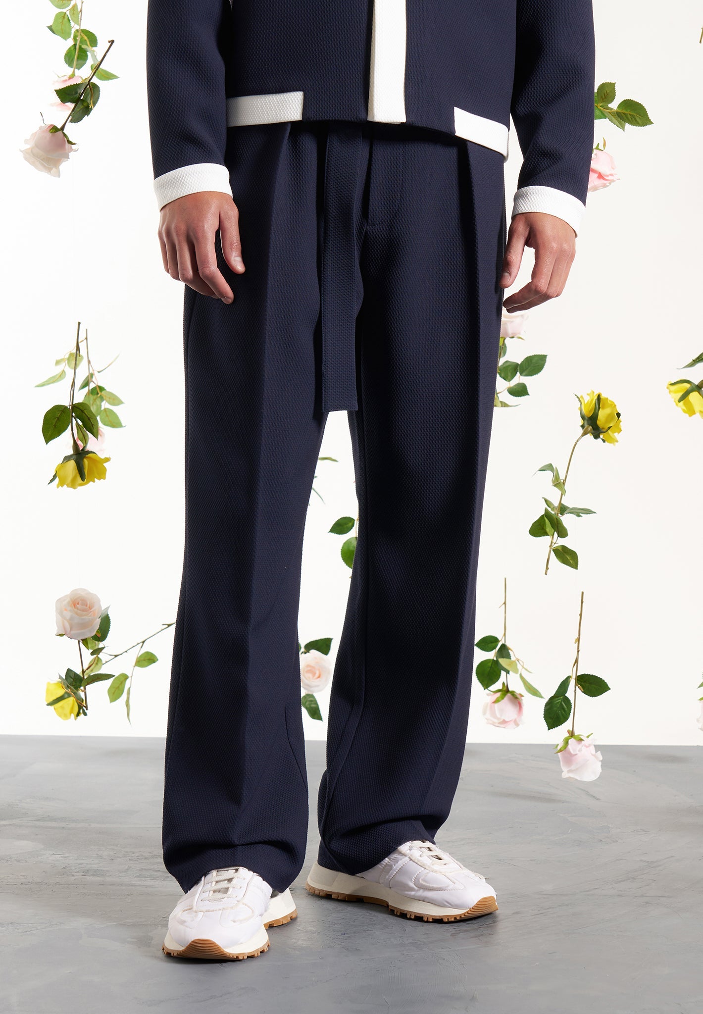 Textured Belted Tailored Trousers - Navy