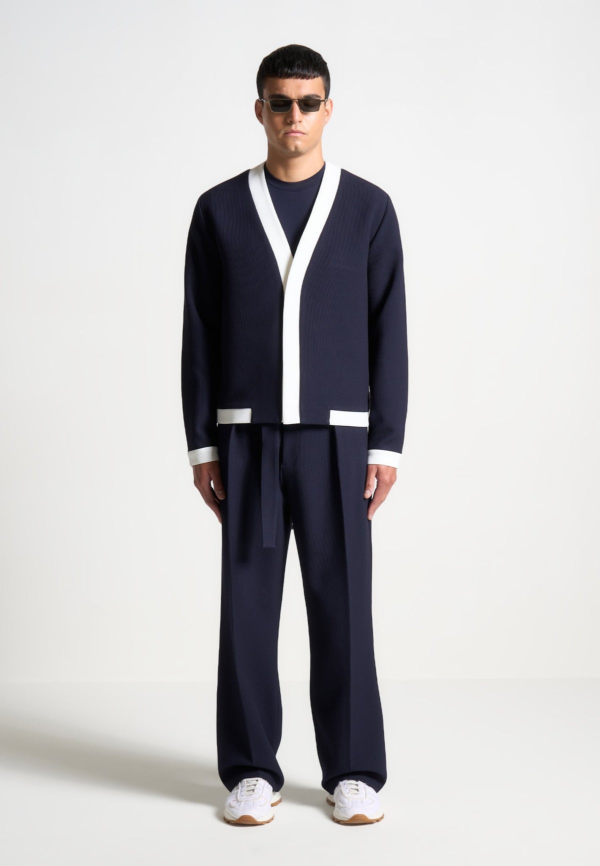 Louis - Relaxed Fit Textured Belted Tailored Pants - Navy