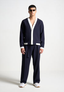 Clovis - Textured Contrast Cardigan - Navy/White