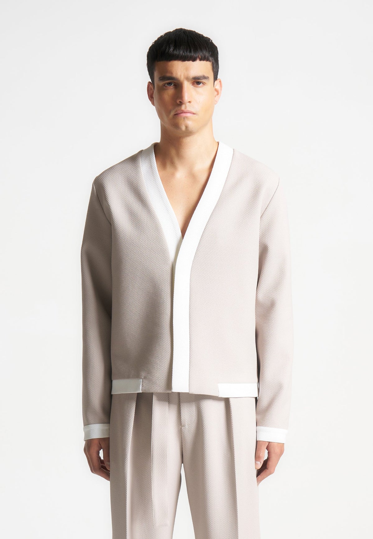 Clovis - Textured Contrast Cardigan - Stone/White