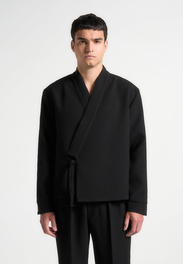 Robin - Textured Kimono Wrap Jacket - Black