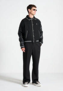 Tweed & Leather Varsity Jacket - Black