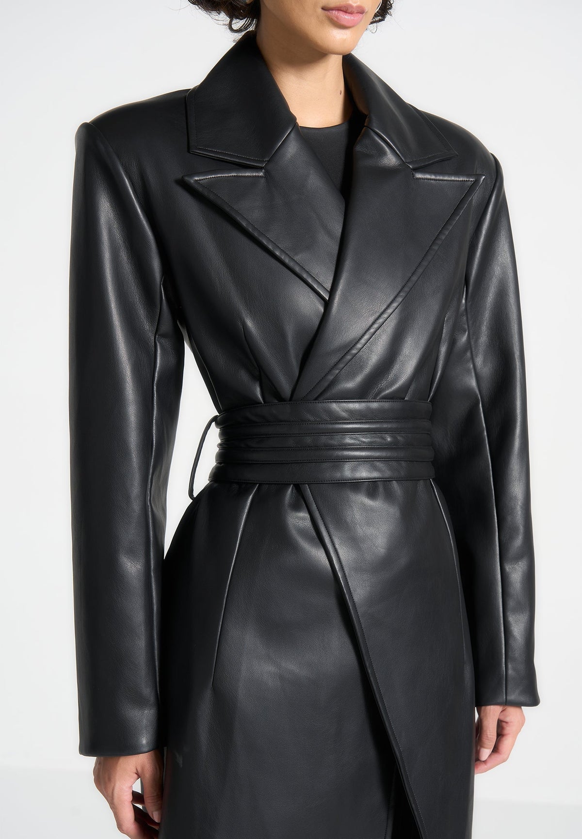 Malya - Leather Asymmetric Belted Coat - Black