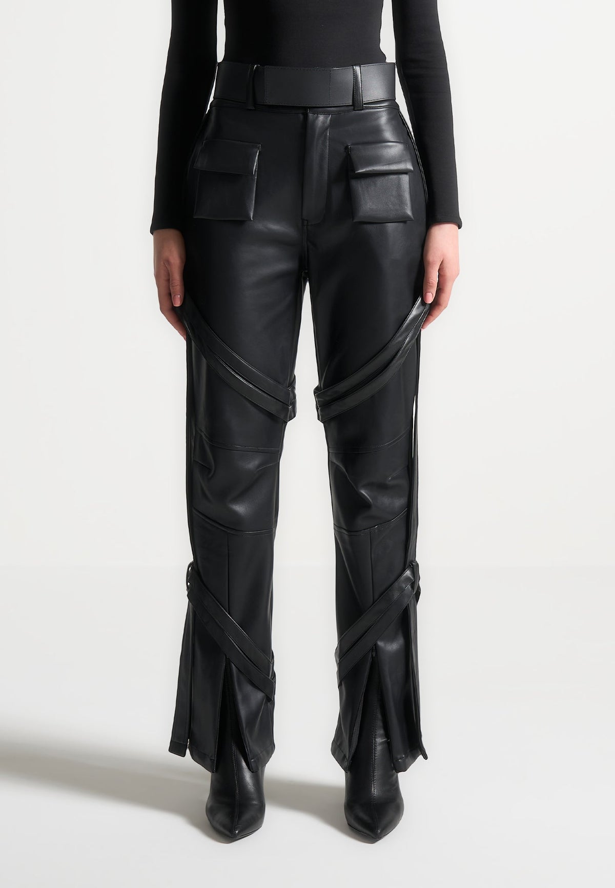 Leather Carpenter Cargo Pants - Black