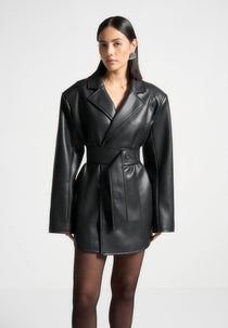 Leather Oversized Belted Blazer Dress - Black
