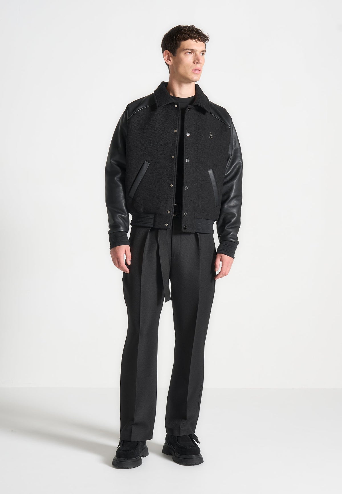 Olivier - Leather Raglan Varsity Jacket - Black