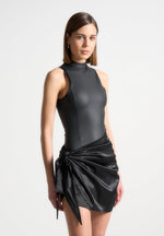 vegan-leather-satin-wrap-bodycon-dress-black