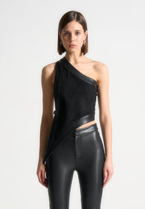Suede & Leather Asymmetric Backless Top - Black
