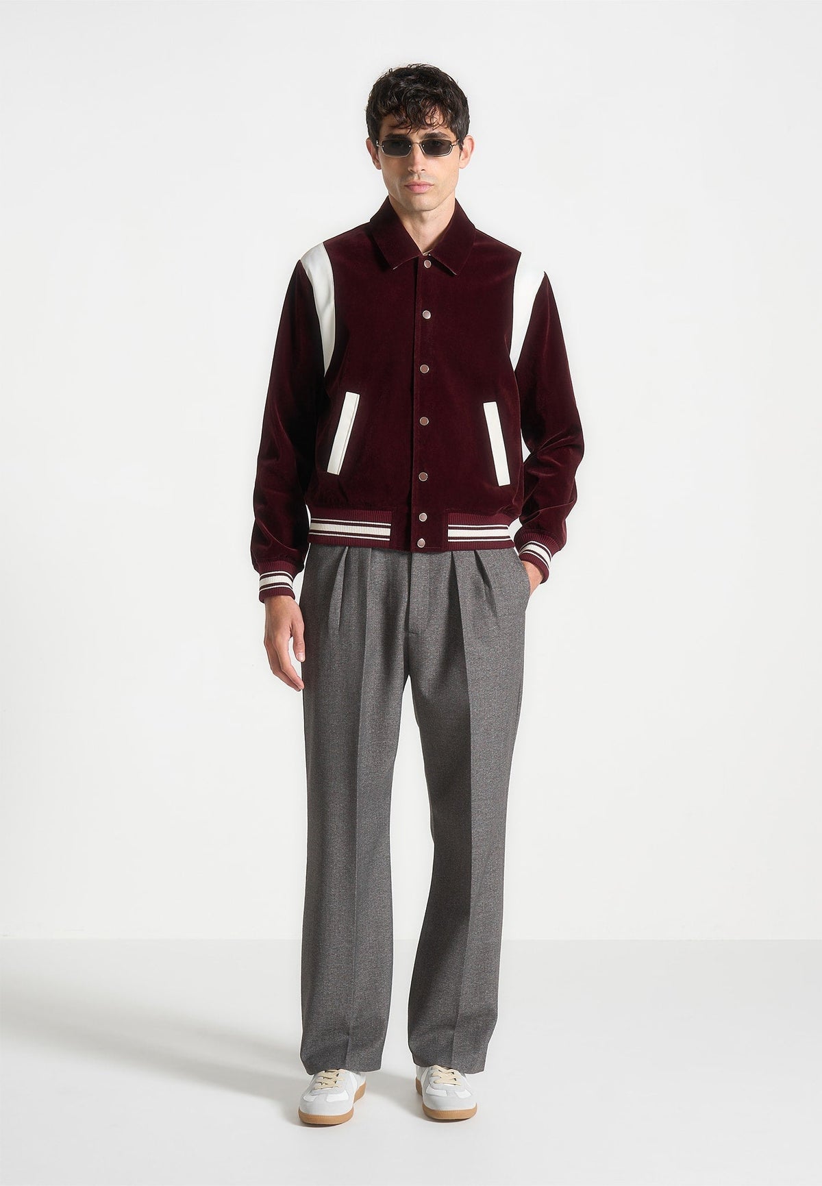 Nico - Velvet & Satin Varsity Jacket - Wine Red