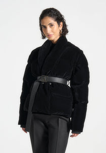 Taya - Velvet Wrap Belted Puffer Jacket - Black