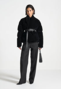 Taya - Velvet Wrap Belted Puffer Jacket - Black