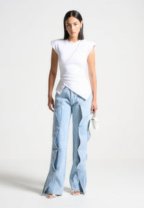 Maé - Wave Detail Straight Leg Jeans - Light Blue