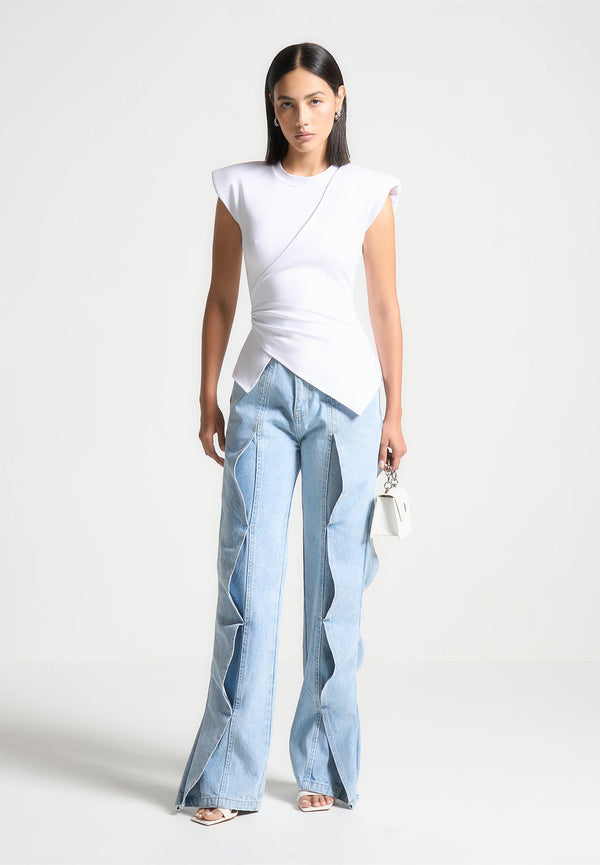 Maé - Wave Detail Straight Leg Jeans - Light Blue