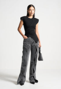 Maé - Wave Detail Straight Leg Jeans - Washed Grey