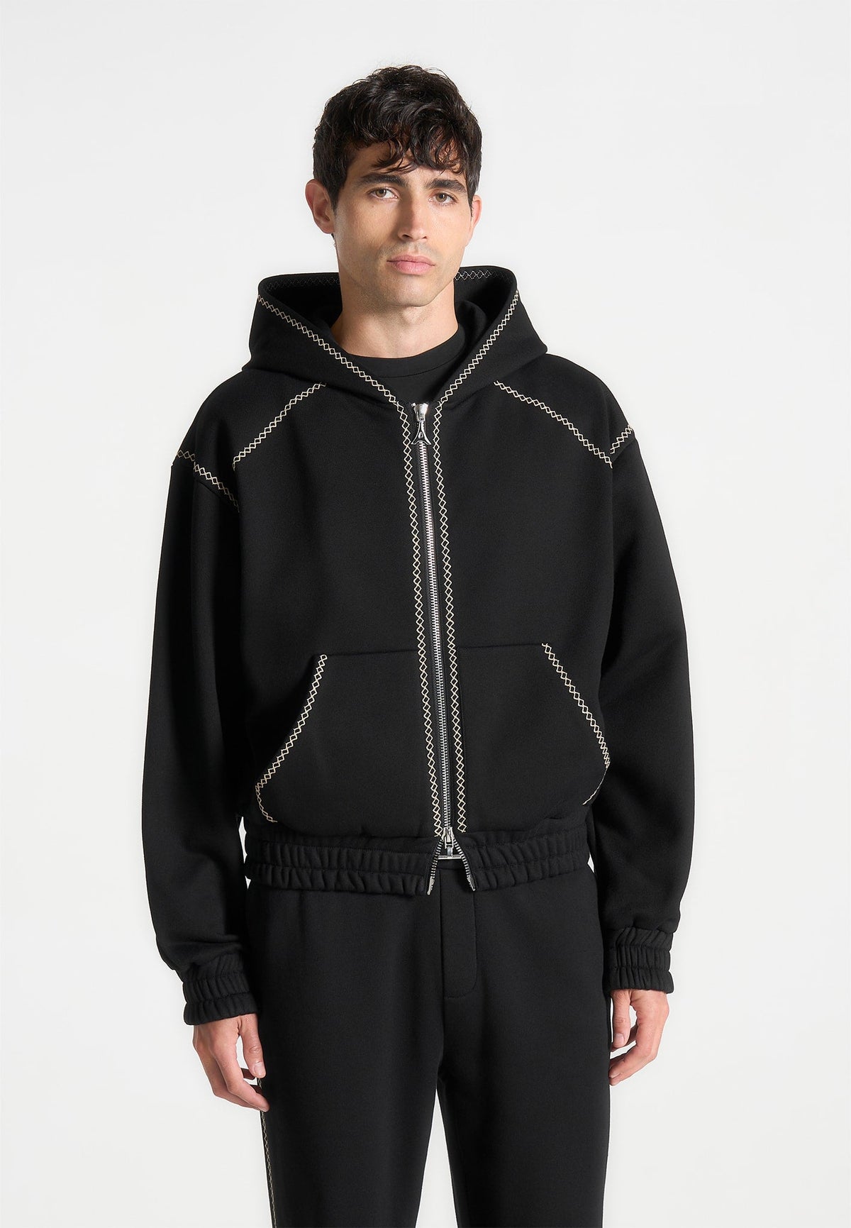 Ivan - Whipstitch Raglan Effect Zip Hoodie - Black