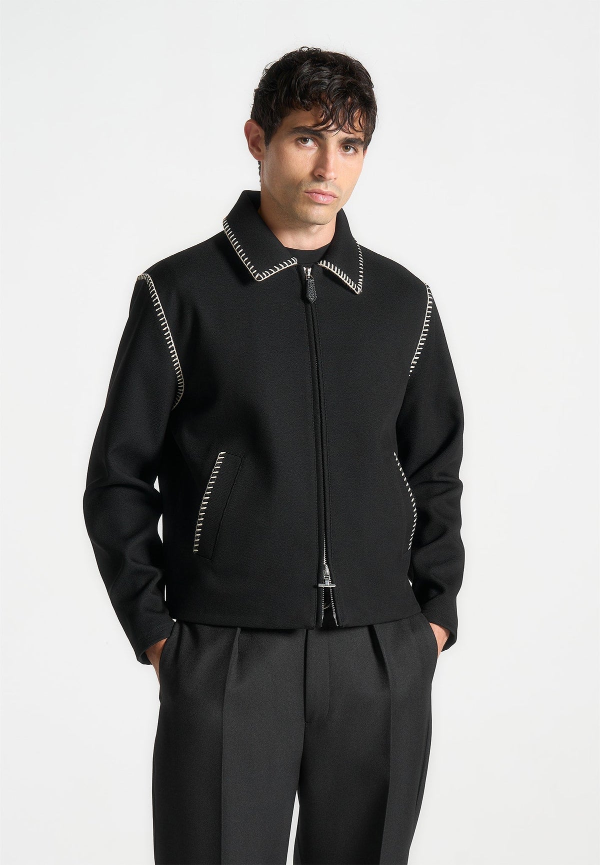 Alex - Whipstitch Twill Boxy Jacket - Black
