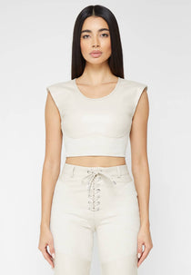 Wide Shoulder Leather and Suede Crop Top - Beige