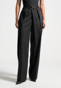 Foldover Sateen Pants with D-Ring Belt - Black